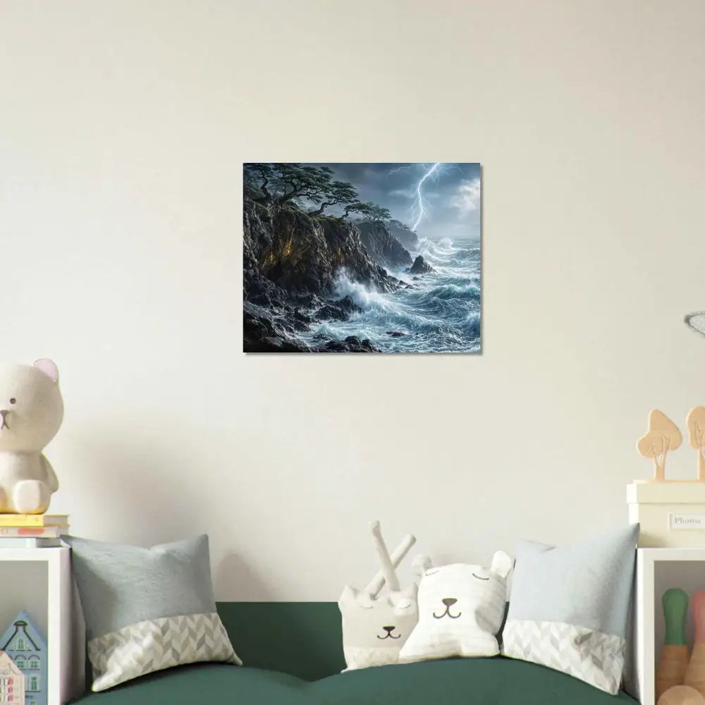 Wall art of stormy seascape with crashing waves and lightning on smooth aluminum panel by PixiOnyx Elemental Metalworks