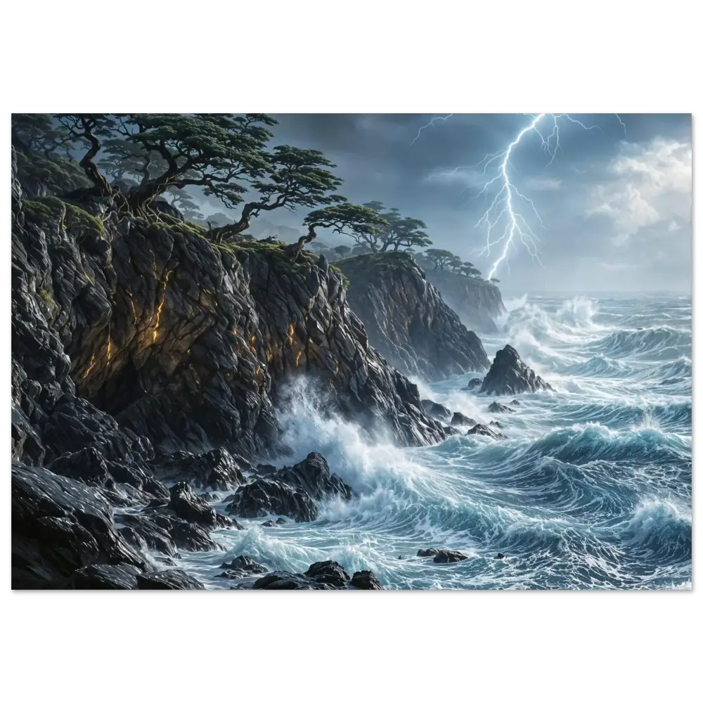 Aluminum print of rugged coastline with stormy seas and lightning by PixiOnyx Elemental Metalworks