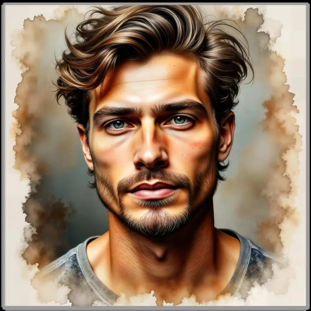 Aluminum Print Stormworn Resolve featuring a handsome man with dark wavy hair and a well-groomed beard