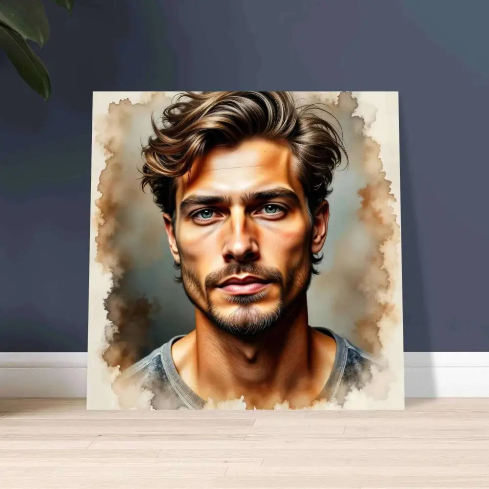 Watercolor portrait of a man with brown wavy hair and green eyes on Aluminum Print Stormworn Resolve PixiOnyx Luminous Edge Series