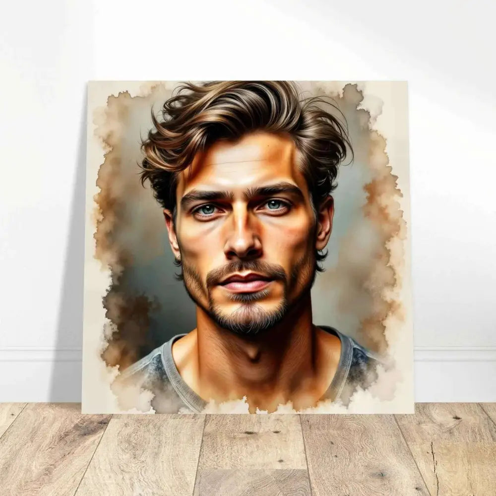 Watercolor portrait of a handsome man with wavy brown hair and light eyes in Stormworn Resolve Aluminum Print from PixiOnyx Luminous Edge Series