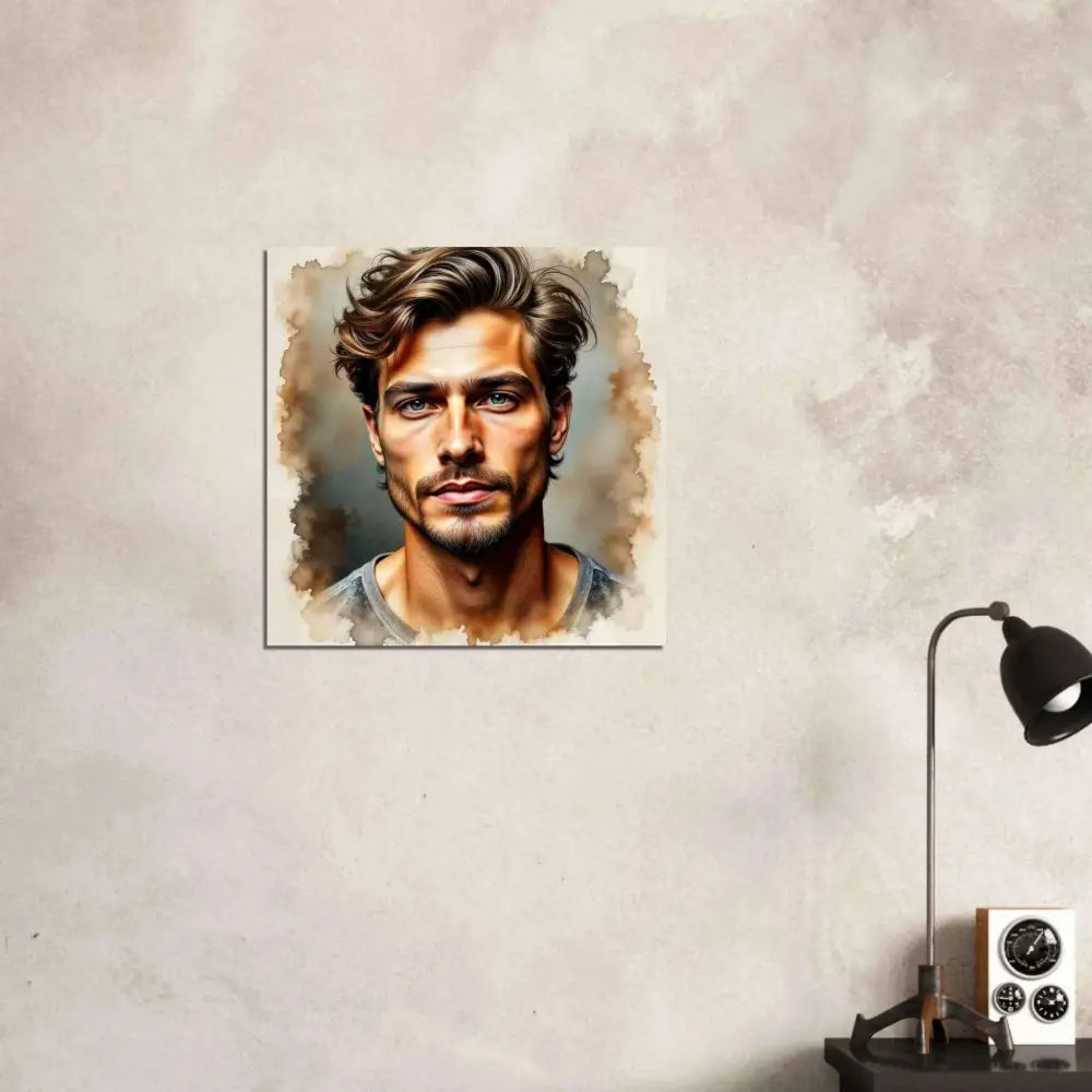 Watercolor portrait of man with dark wavy hair in Aluminum Print Stormworn Resolve by PixiOnyx Luminous Edge