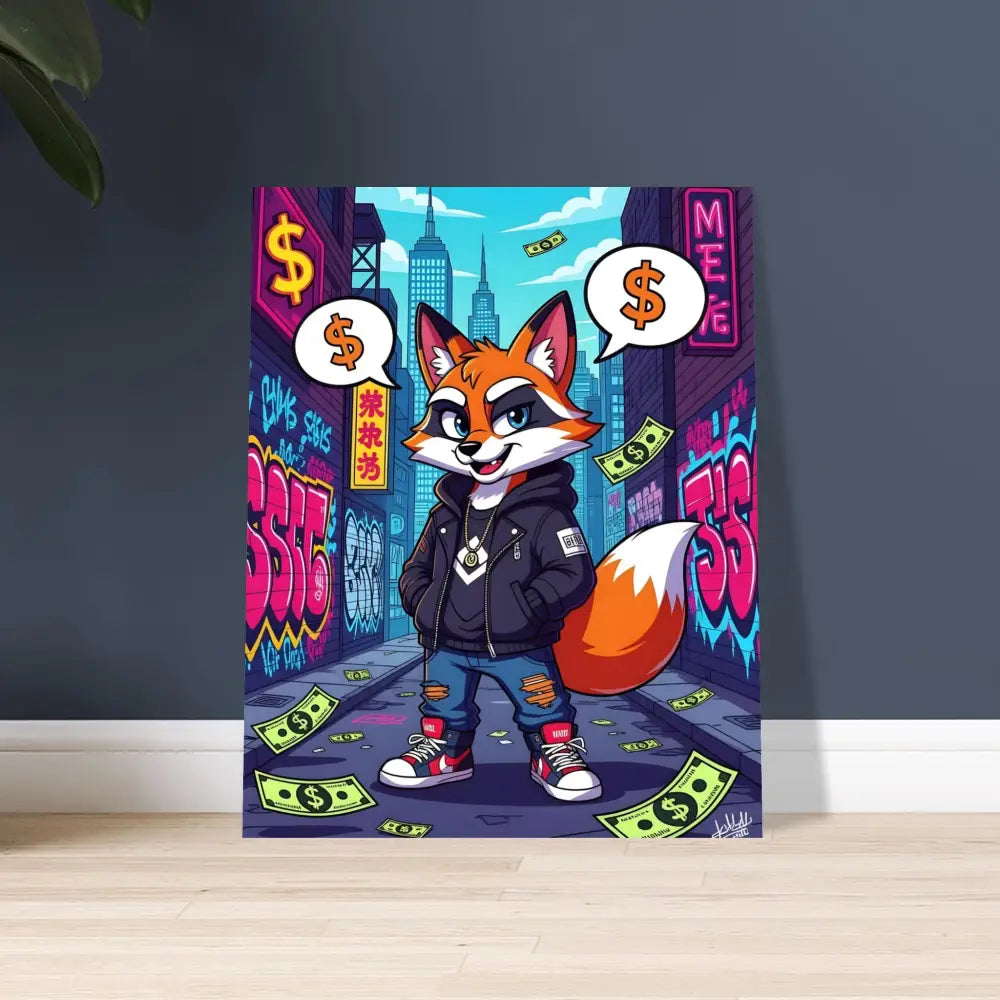 Cartoon fox in street scene aluminum print street hustle fox PixiOnyx Metal Vibes