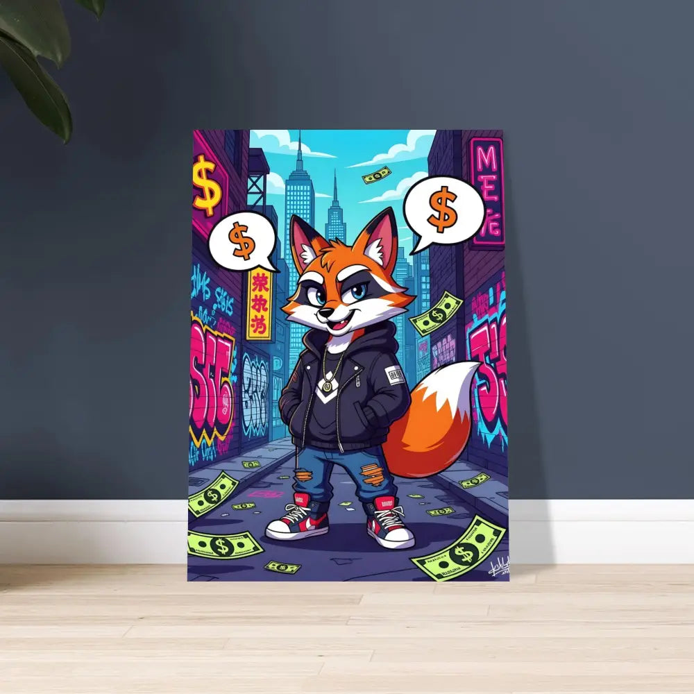 Cartoon Fox in Streetwear Aluminum Print for Street Hustle Fox PixiOnyx Metal Vibes