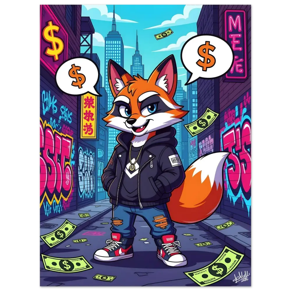 Cartoon fox in streetwear holding money for Aluminum Print Street Hustle Fox PixiOnyx Metal Vibes