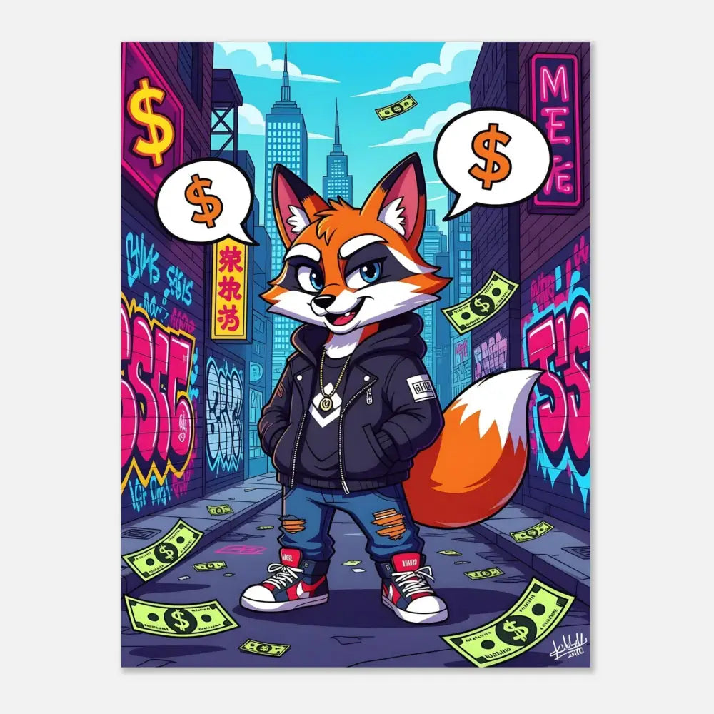 Cartoon fox in streetwear on Aluminum Print Street Hustle Fox by PixiOnyx Metal Vibes