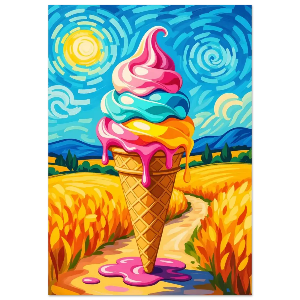 Colorful melting ice cream cone featured on Aluminum Print Sunlit Swirl of Pastoral Chaos PixiOnyx