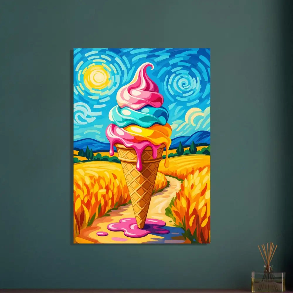 Colorful ice cream cone painting on Aluminum Print Sunlit Swirl of Pastoral Chaos