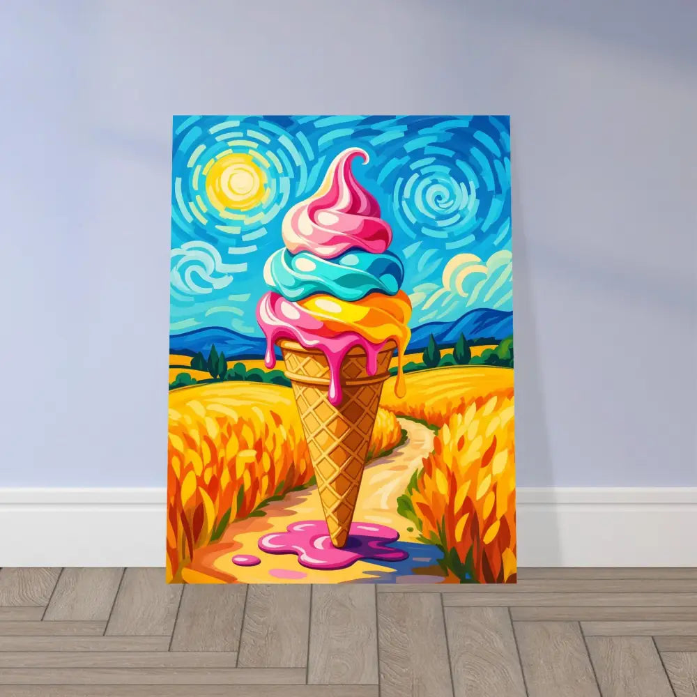 Colorful ice cream cone painting on metallic Aluminum Print Sunlit Swirl of Pastoral Chaos