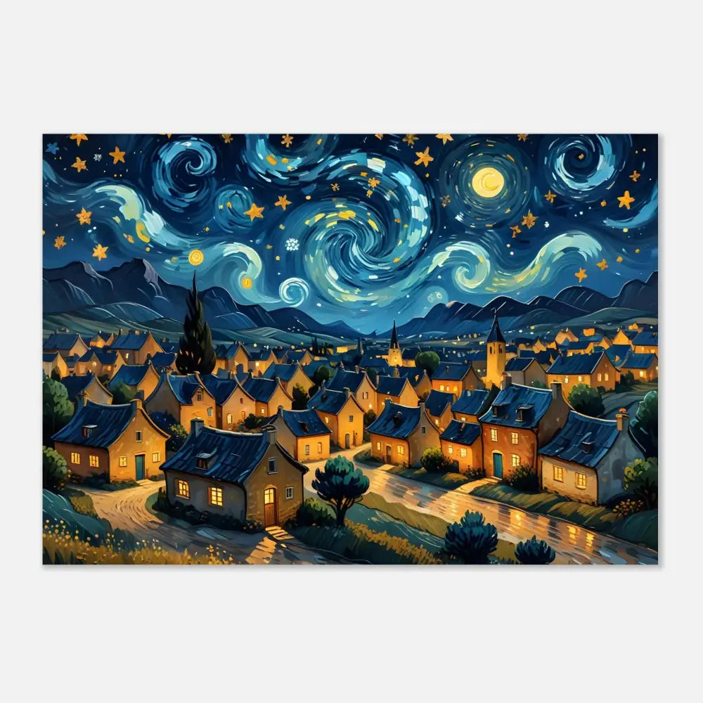 Whimsical village under swirling starry night on Aluminum Print Swirly Sky Village PixiOnyx