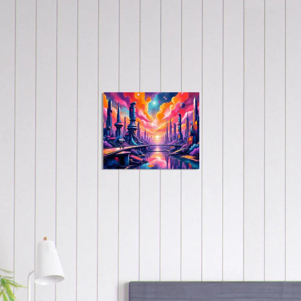 Futuristic colorful cityscape aluminum print on 3mm aluminum Dibond for modern wall art
