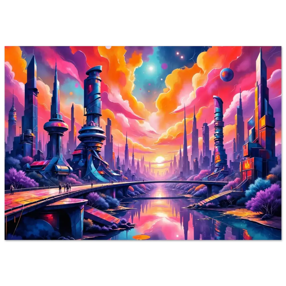 Vibrant futuristic cityscape aluminum print with reflective river at sunset, PixiOnyx