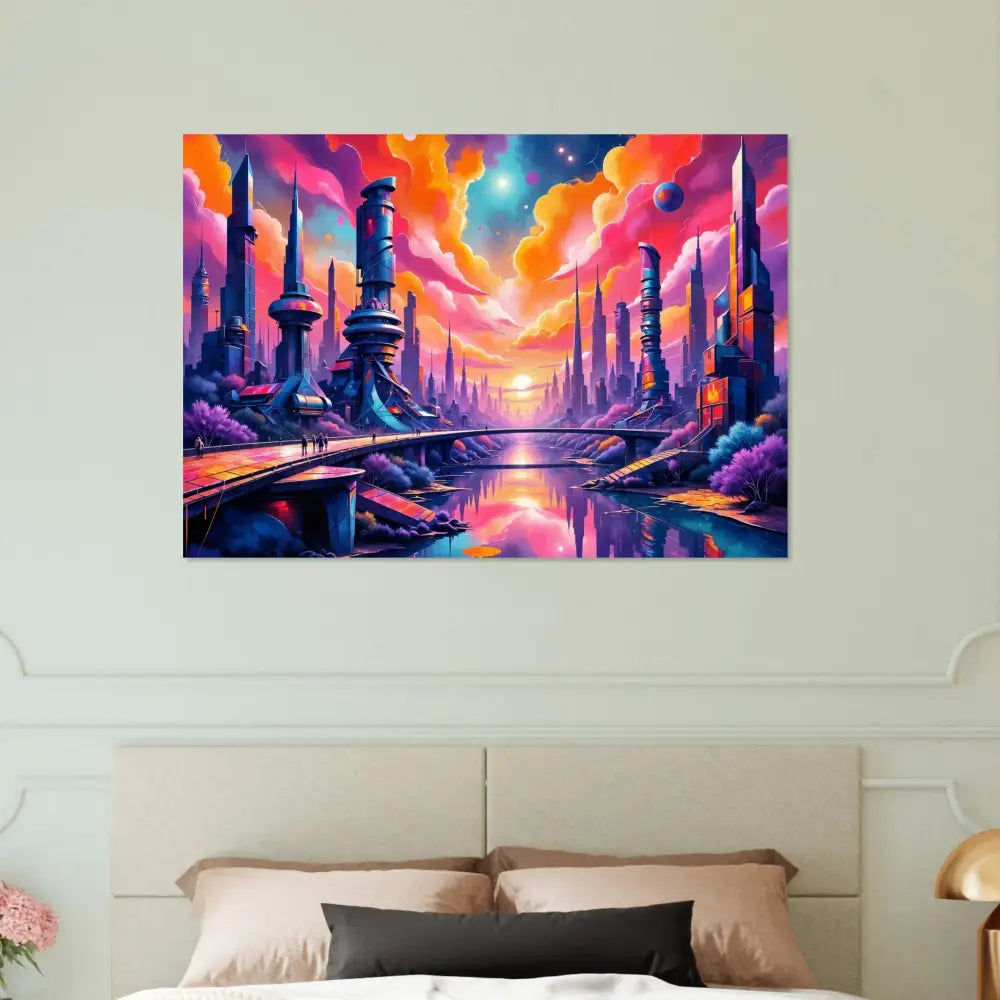 Futuristic cityscape aluminum print with colorful buildings and sunset reflection on 3mm aluminum dibond