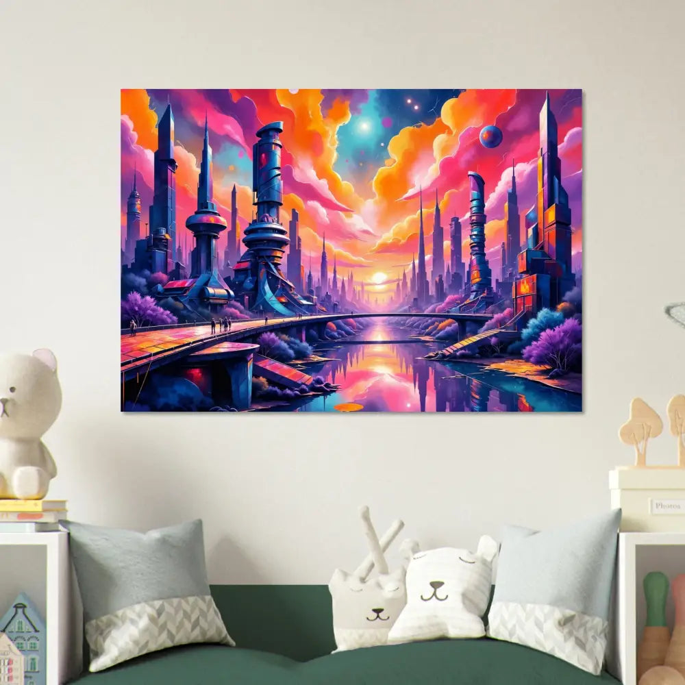 Vibrant futuristic city landscape aluminum print with river sunset on 3mm aluminum dibond