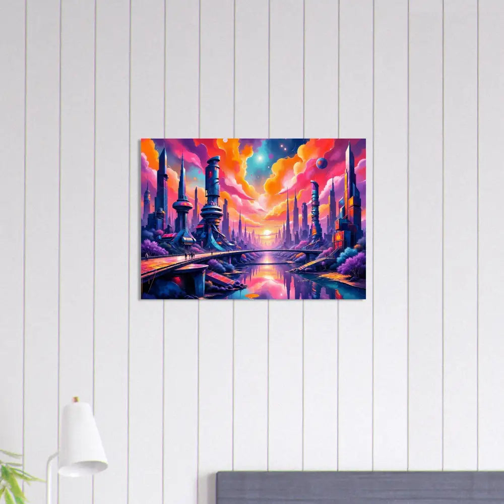 Vibrant futuristic cityscape aluminum print with river sunset on 3mm aluminum Dibond