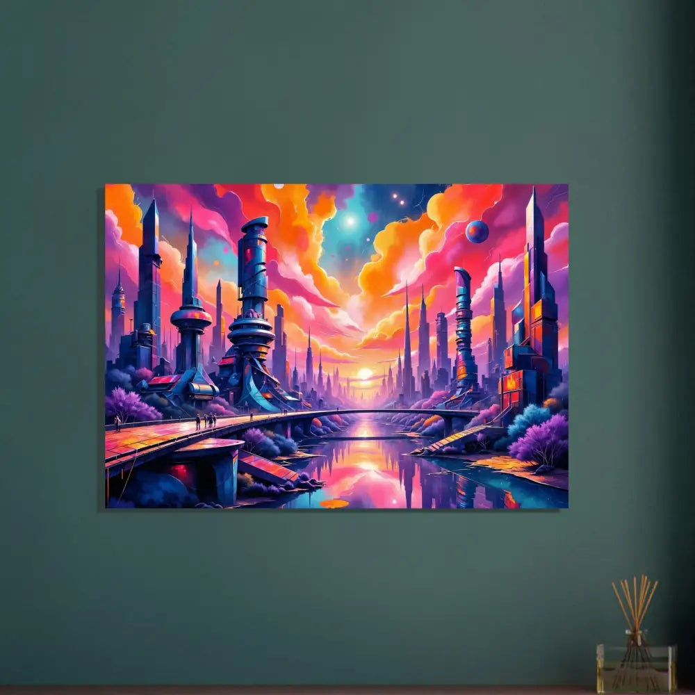Vibrant futuristic cityscape aluminum print on 3mm aluminum Dibond by PixiOnyx