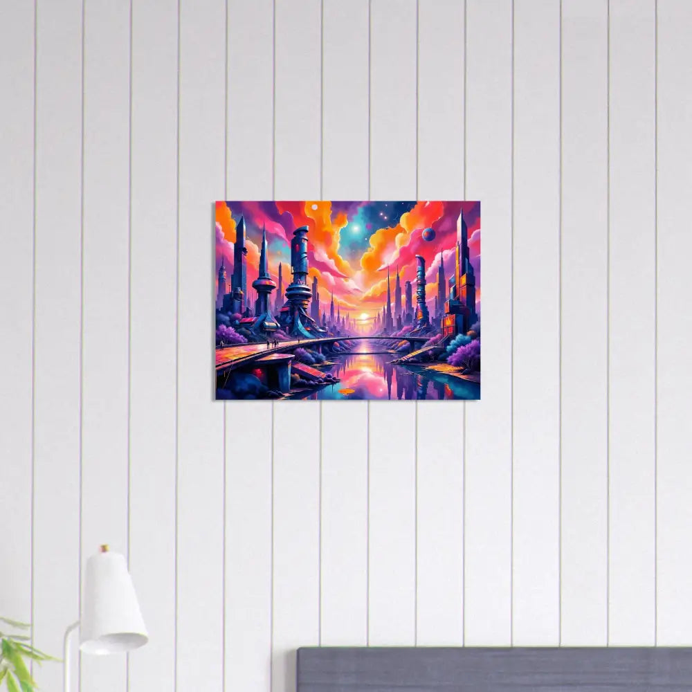 Colorful fantasy city landscape aluminum print on 3mm aluminum Dibond by PixiOnyx