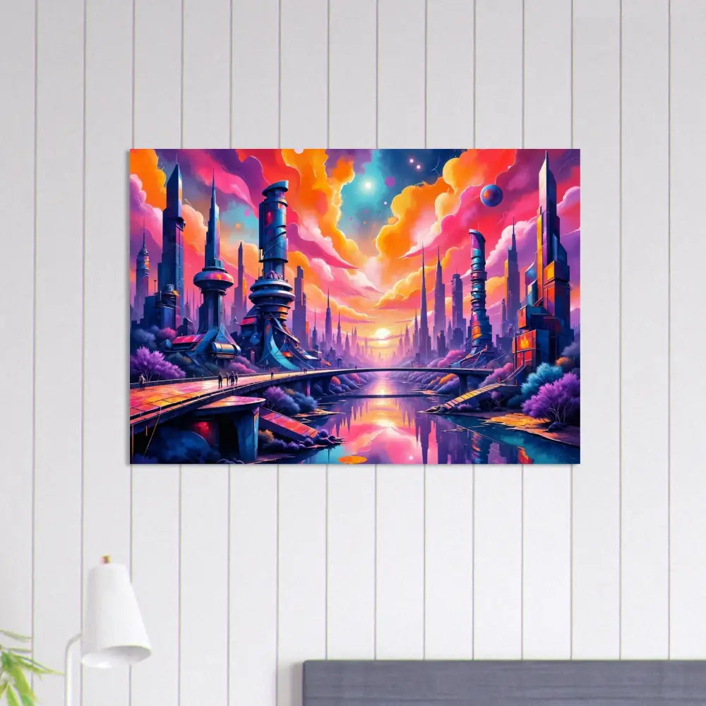 Vibrantly colored futuristic city skyline painting on Aluminum Print 3mm Aluminum Dibond