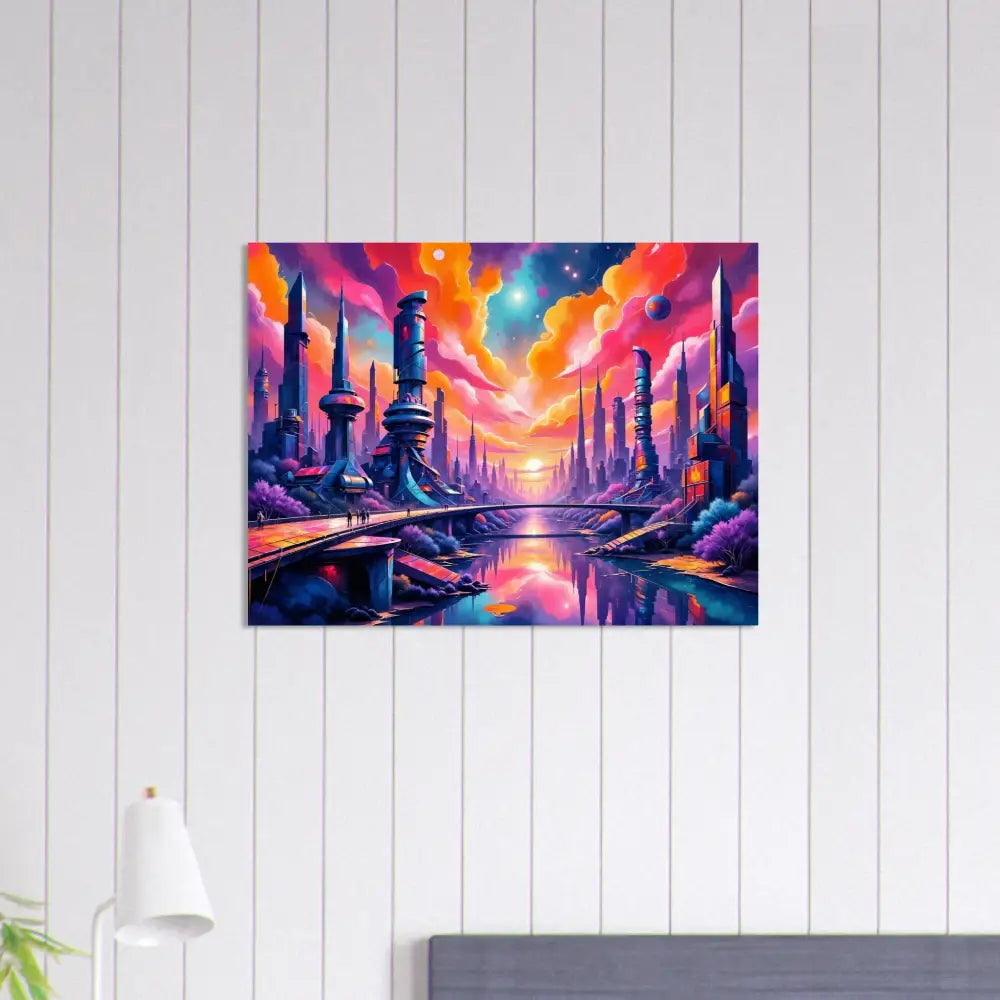 Vivid futuristic cityscape aluminum print at sunset, otherworldly aluminum print on 3mm aluminum dibond