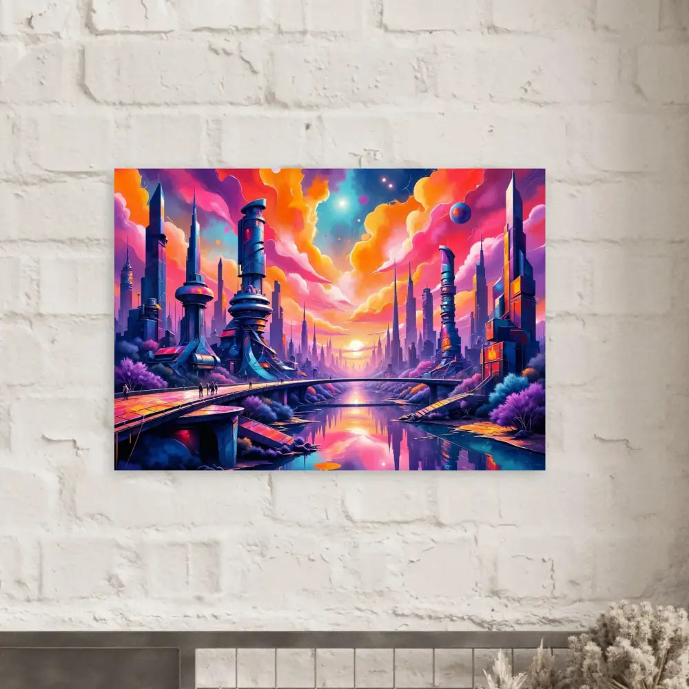 Vibrant futuristic cityscape canvas art on aluminum print 3mm aluminum dibond for modern decor