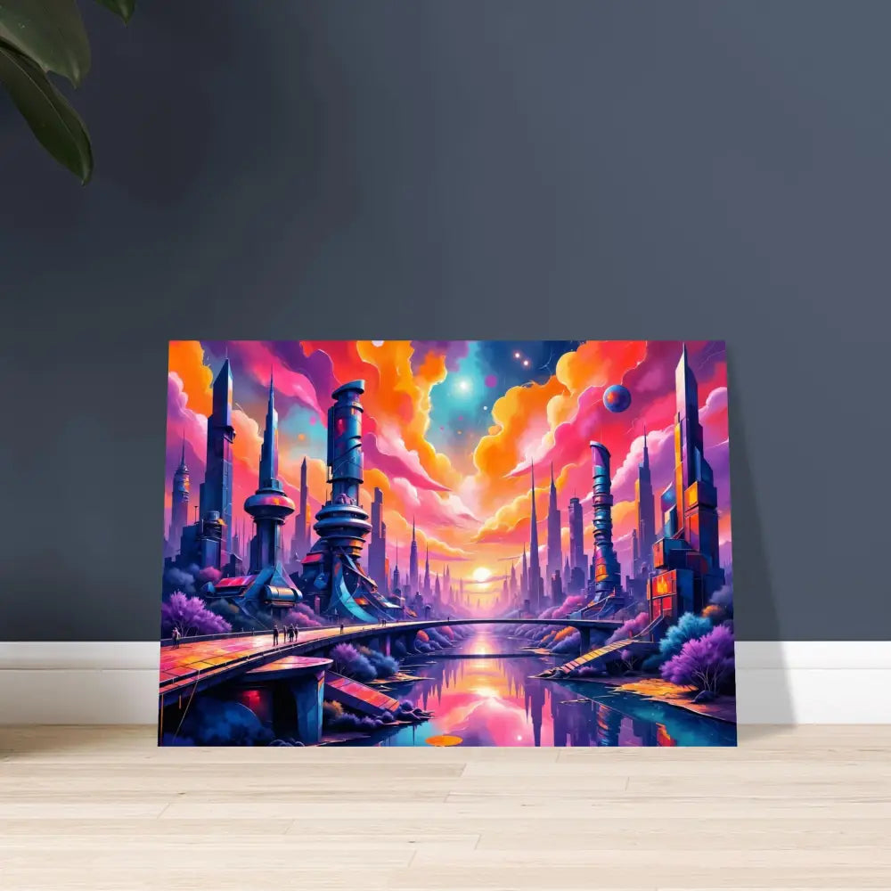 Vibrant futuristic cityscape aluminum print with colorful sky reflection on 3mm aluminum dibond