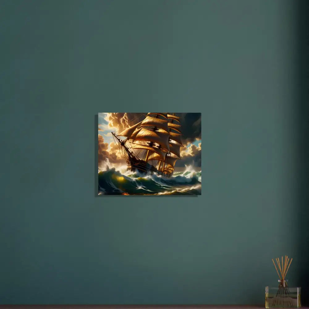 Golden sailing ship facing stormy seas on Aluminum Print Tempestbound Sovereign PixiOnyx Metal Seascape