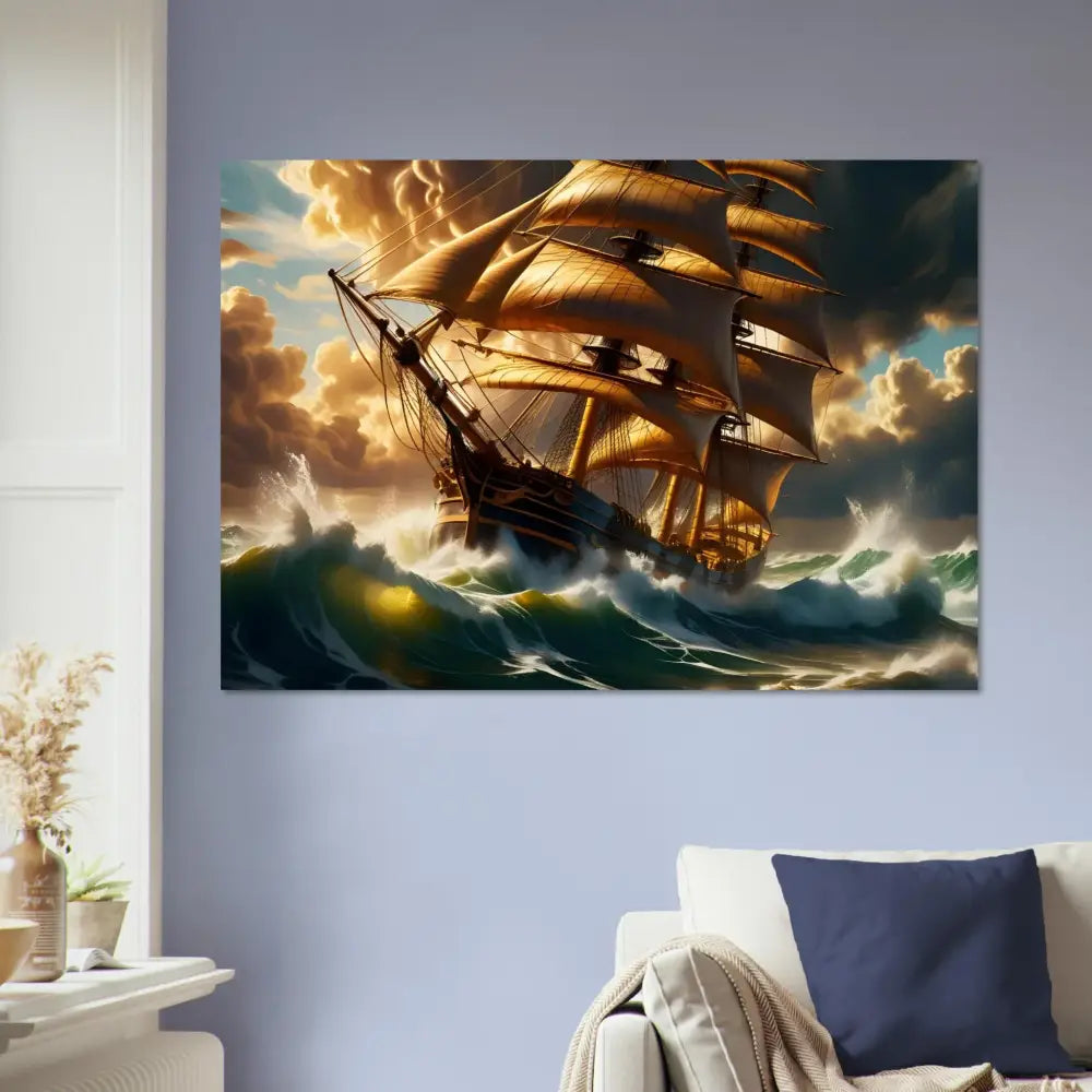 Dramatic sailing ship painting on aluminum print titled Tempestbound Sovereign by PixiOnyx