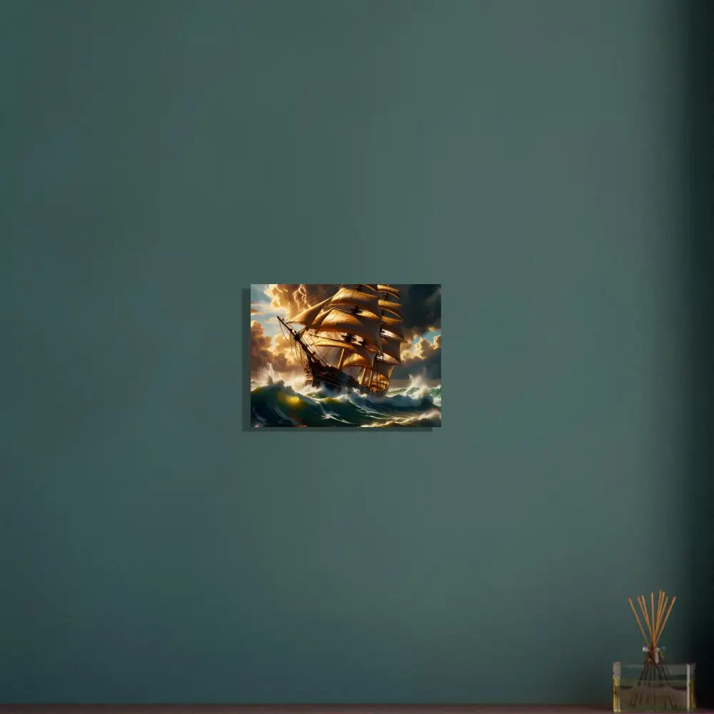 Seascape painting of a sailing ship on an Aluminum Print Tempestbound Sovereign from PixiOnyx
