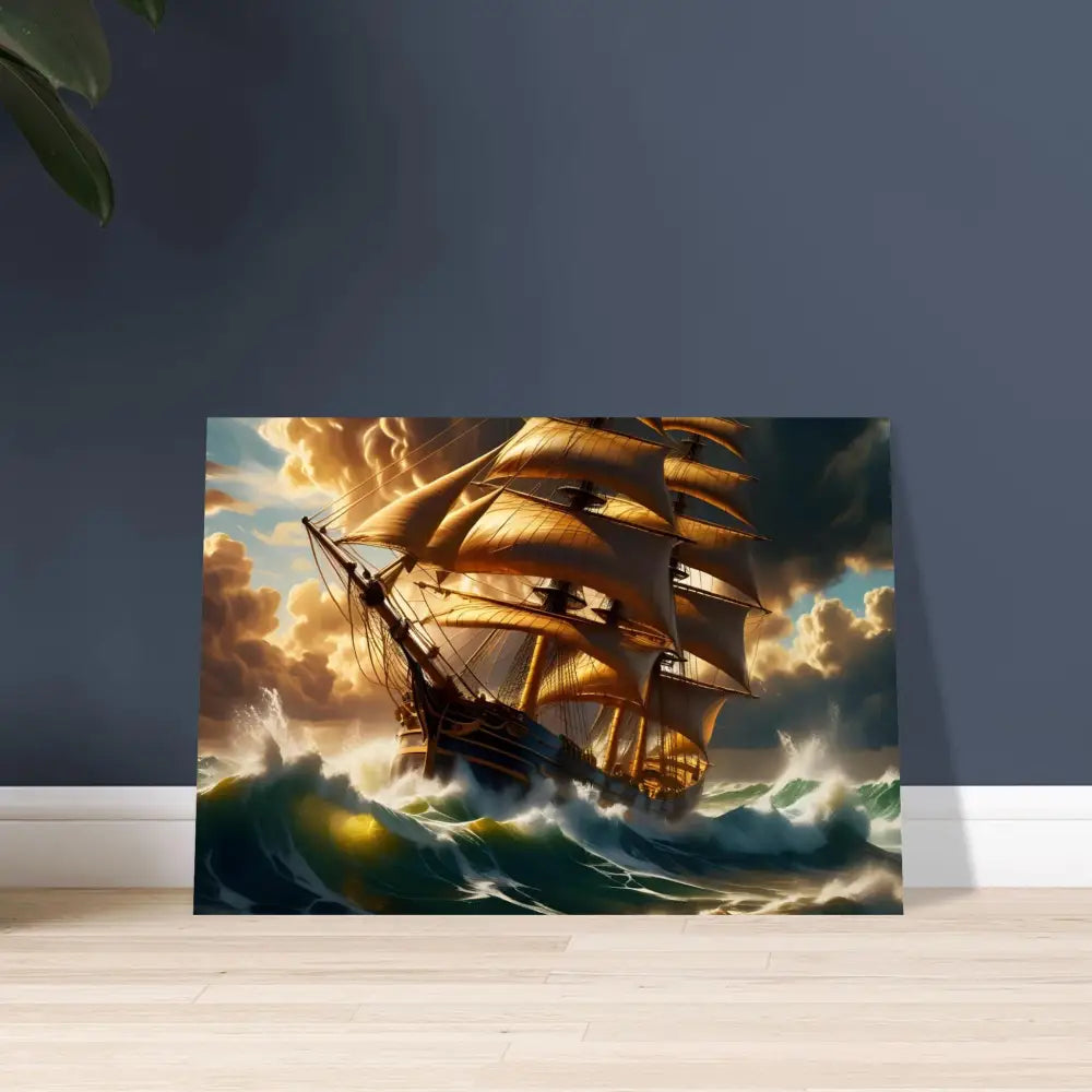 Dramatic sailing ship painting on aluminum print titled Tempestbound Sovereign by PixiOnyx