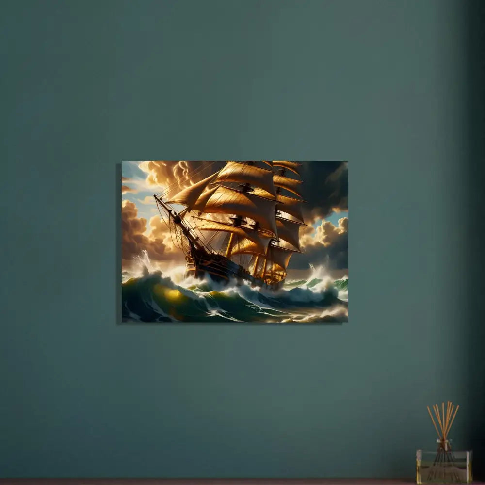 Aluminum print of a sailing ship in stormy seas titled Tempestbound Sovereign by PixiOnyx