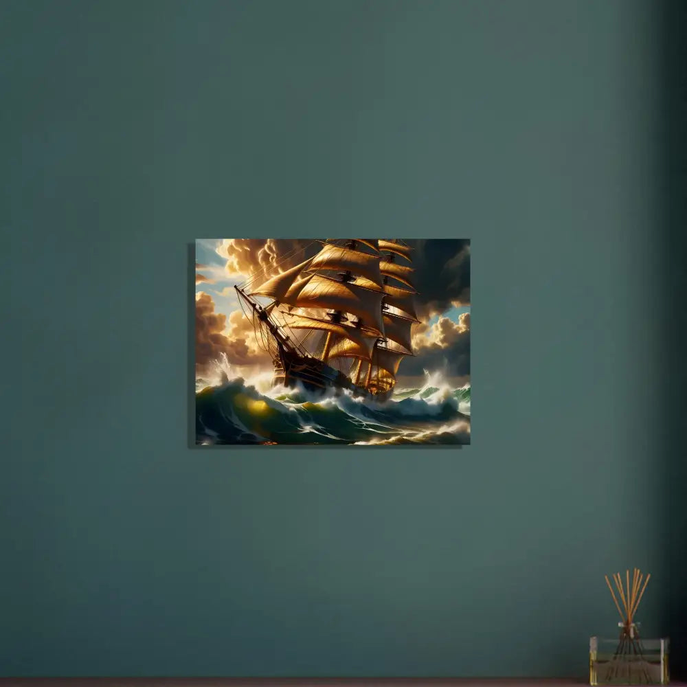 Aluminum print of stormy seas and sailing ship titled Tempestbound Sovereign by PixiOnyx