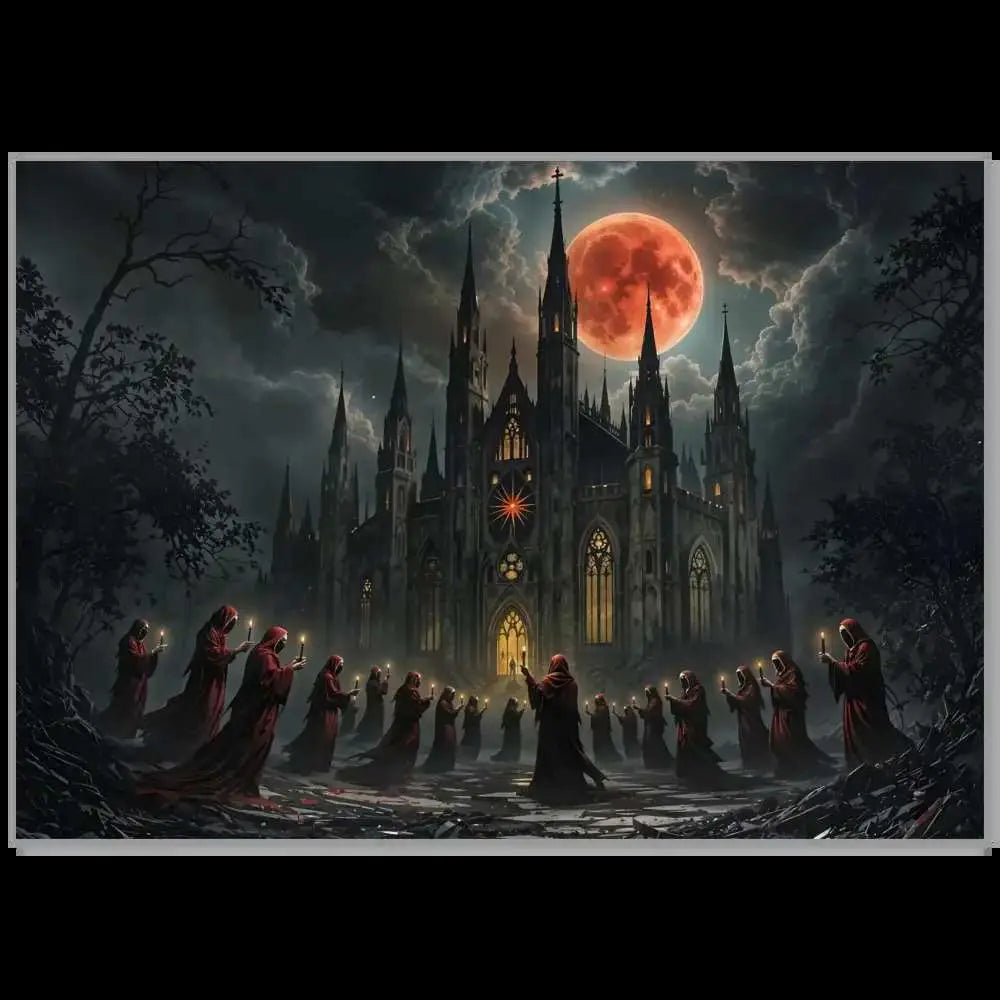 Crimson Liturgy aluminum print featuring gothic cathedral under blood moon and robed figures