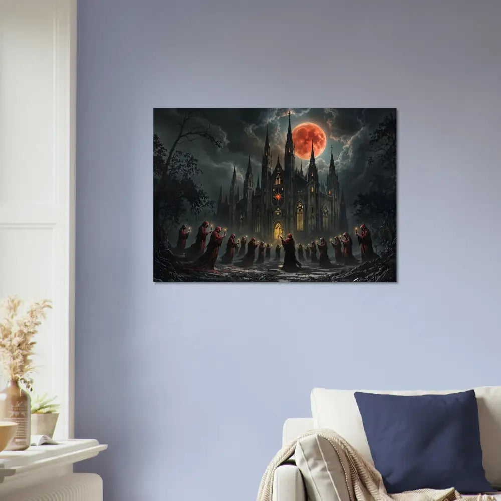 Gothic castle illuminated by a blood moon on Aluminum Print The Crimson Liturgy PixiOnyx