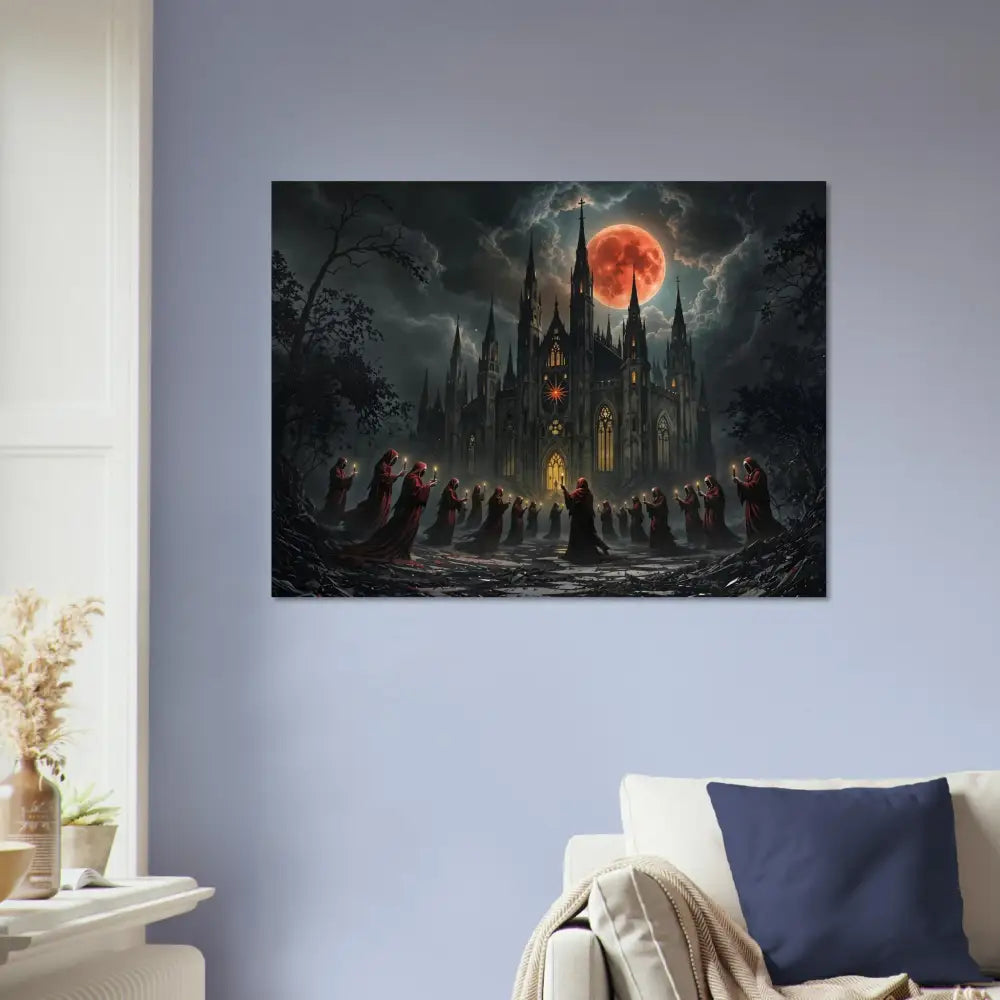 Gothic castle with red moon and cloaked figures on Aluminum Print The Crimson Liturgy PixiOnyx