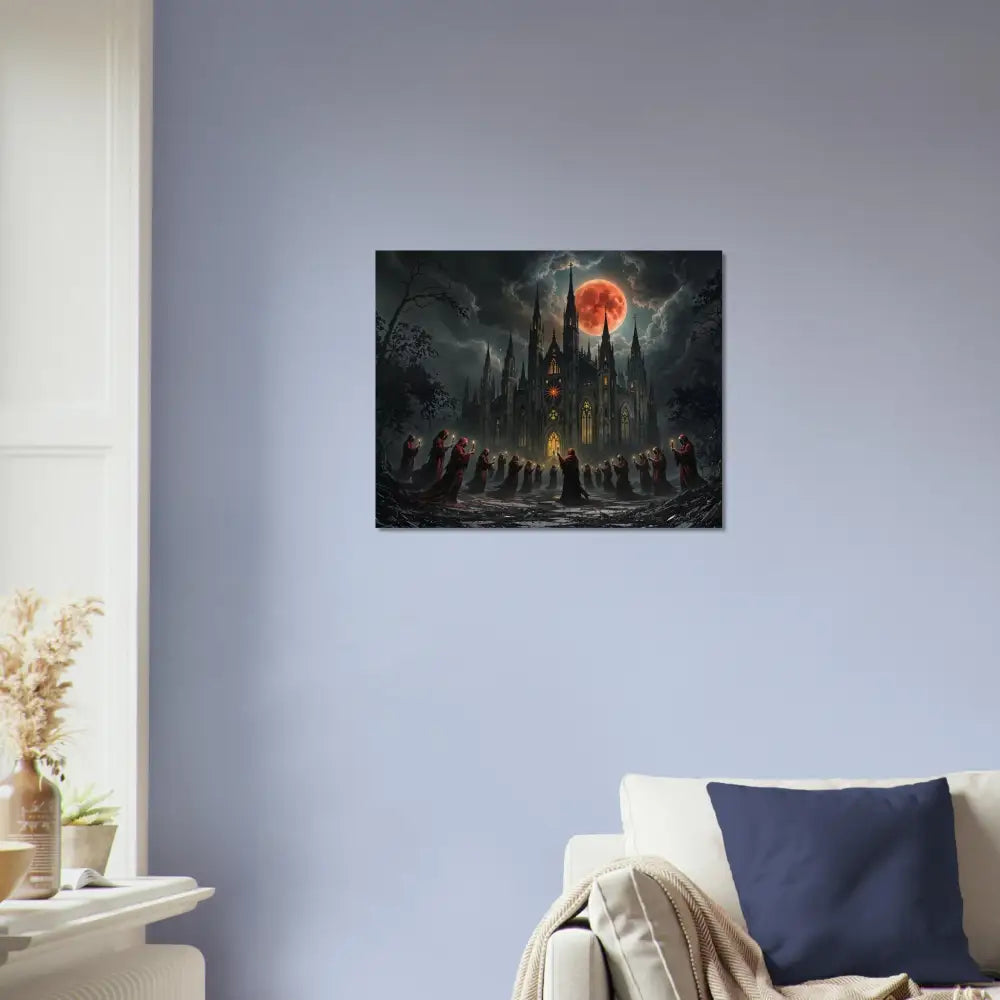 Gothic castle under a blood moon on Aluminum Print The Crimson Liturgy PixiOnyx Ritual Lightstrike Edition