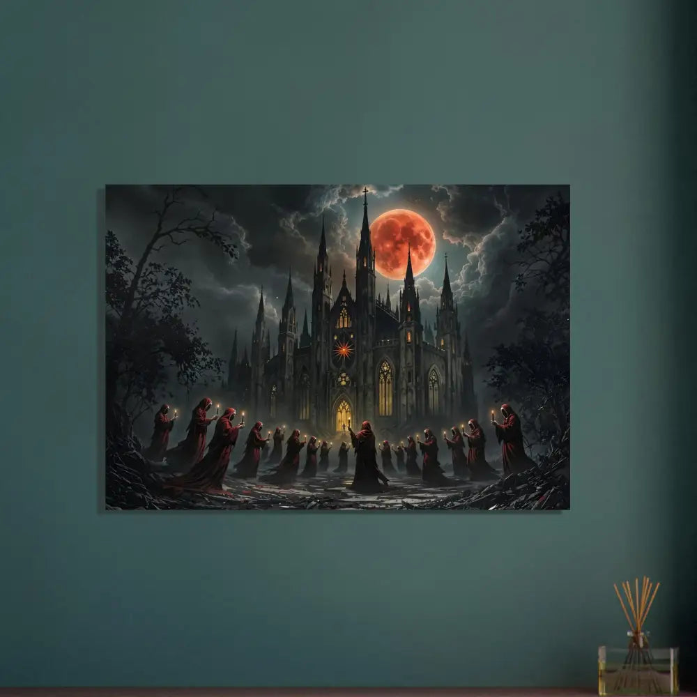 Gothic cathedral under blood moon with hooded figures Aluminum Print The Crimson Liturgy