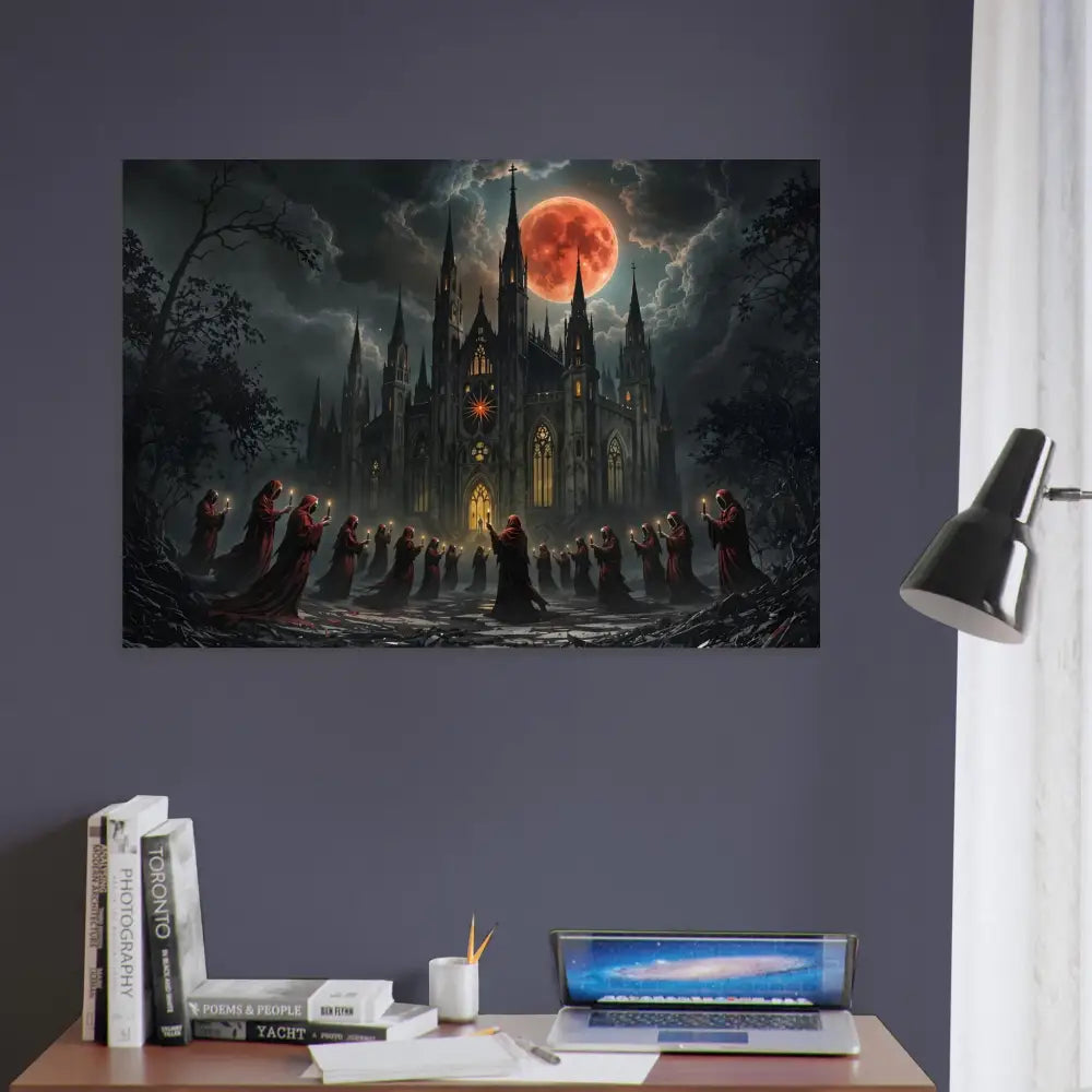 Gothic castle with robed figures under blood moon on Aluminum Print The Crimson Liturgy PixiOnyx