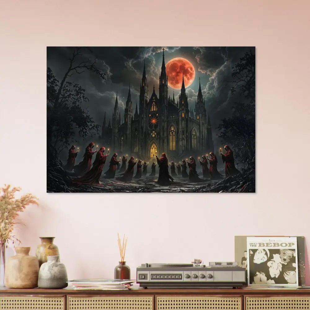 Gothic cathedral cult scene print on Aluminum Print The Crimson Liturgy PixiOnyx Ritual Lightstrike Edition