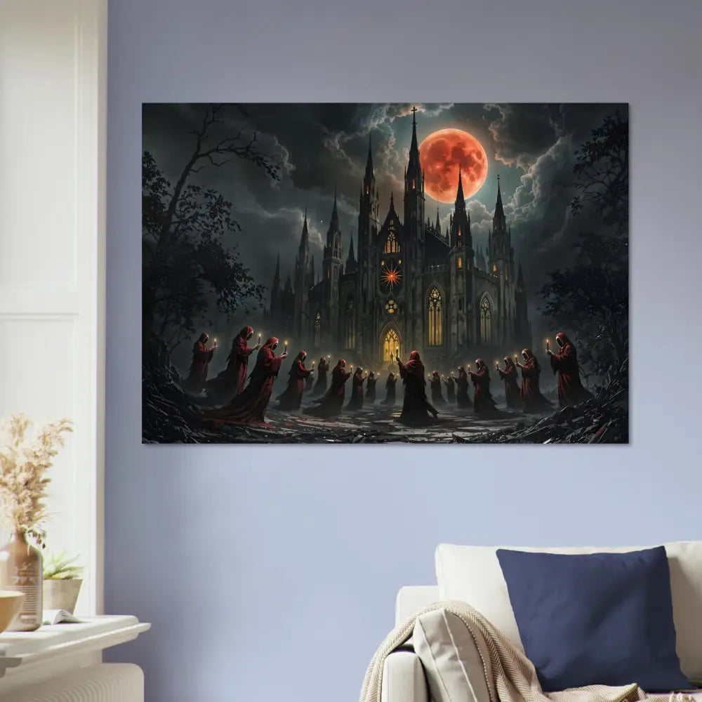 Gothic cathedral under blood moon with robed figures Aluminum Print The Crimson Liturgy PixiOnyx