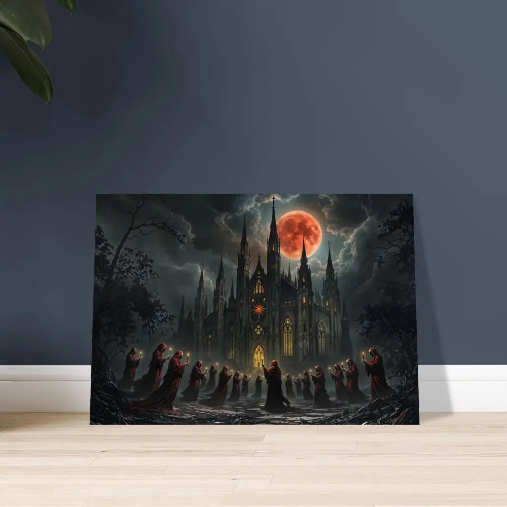 Gothic castle with red moon and hooded figures on Aluminum Print The Crimson Liturgy PixiOnyx