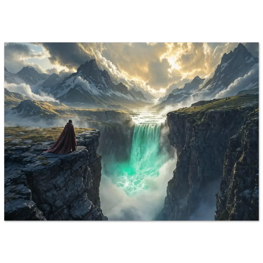 Majestic waterfall landscape with cloaked figure on PixiOnyx Glacial Metal Flow Edition Aluminum Print