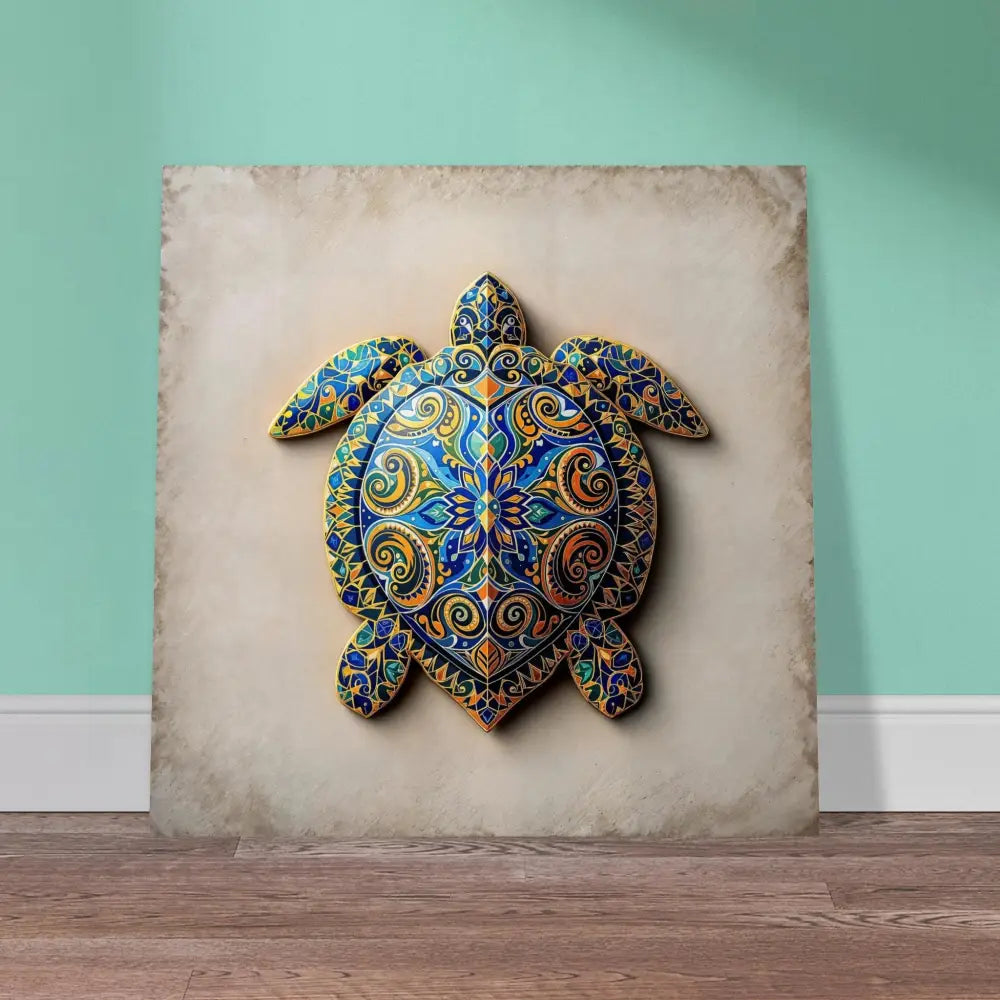 Ornate turtle wall art aluminum print with shell patterns for decorative home decor