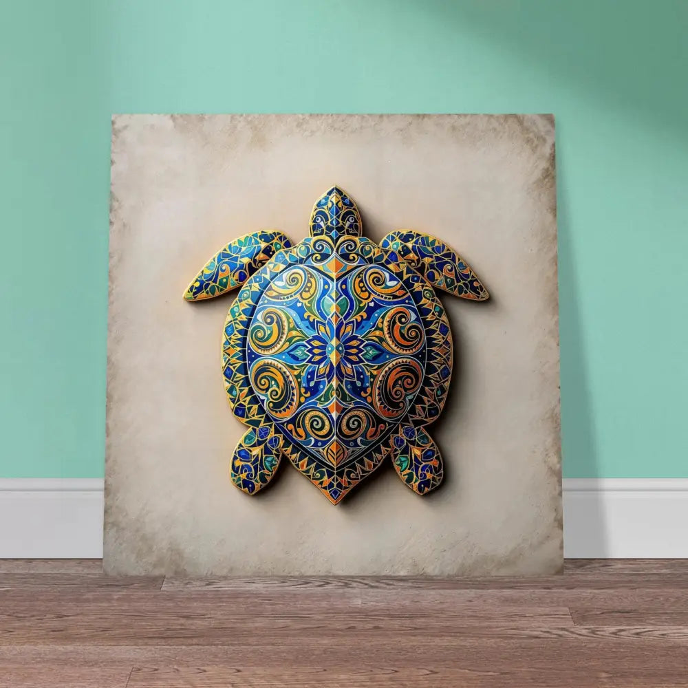 Ornate turtle wall art aluminum print featuring shell patterns in PixiOnyx Radiant Totem design