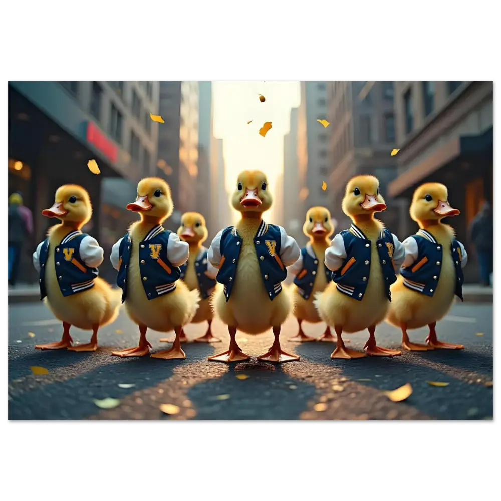 Group of ducks wearing varsity jackets on Aluminum Print Varsity Duck Squad PixiOnyx