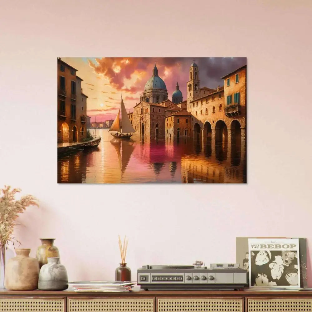 Colorful Venetian Reverie aluminum print of a European canal city at sunset captures shimmer meets stillness