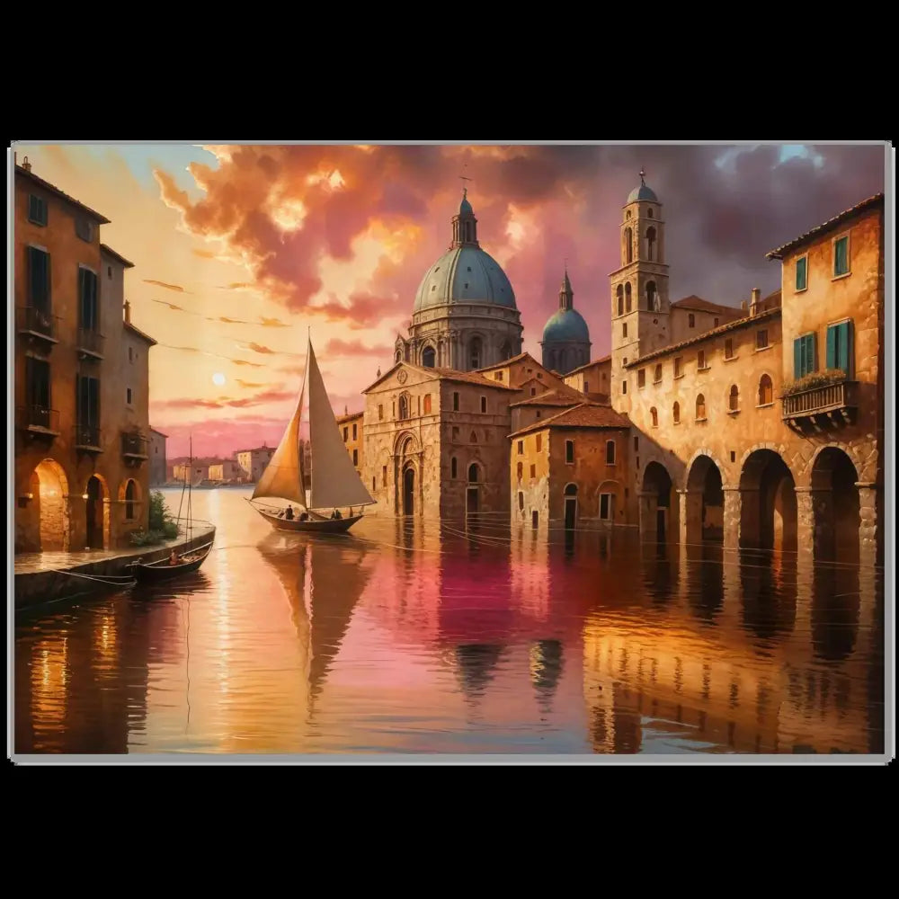 Venetian Reverie aluminum print captures light with shimmer meets stillness in a sunset European canal city scene