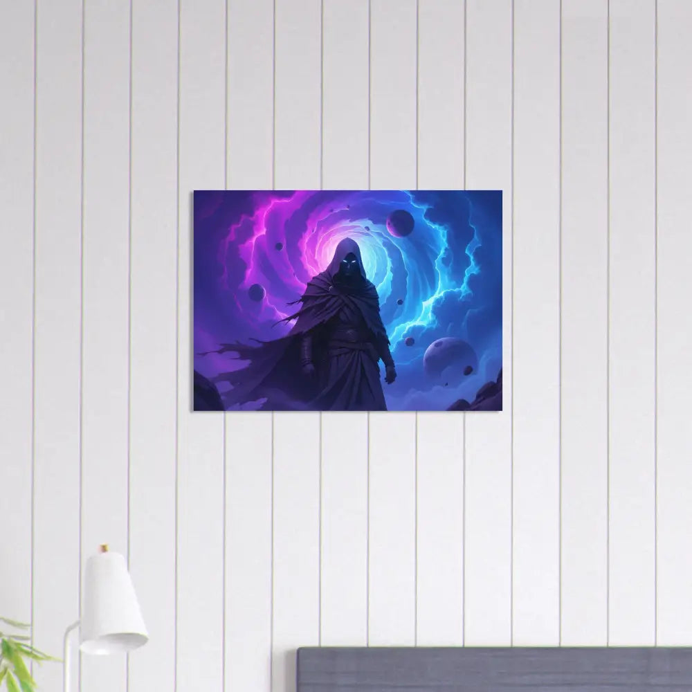 Fantasy art print of a cloaked cosmic figure at Voidwalker’s Gate on aluminum