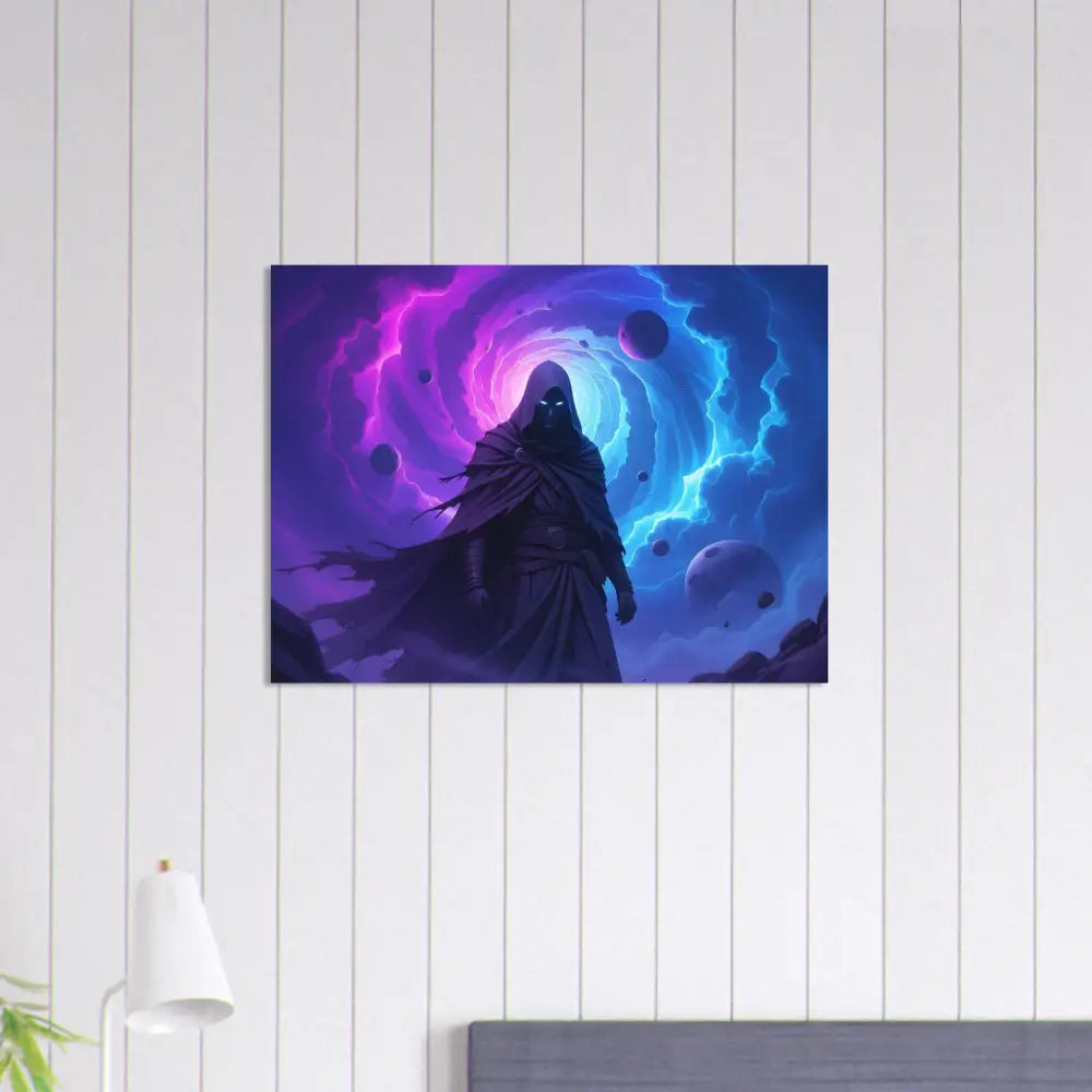 Hooded cloaked figure standing in a cosmic vortex artwork for Aluminum Print Voidwalkers Gate