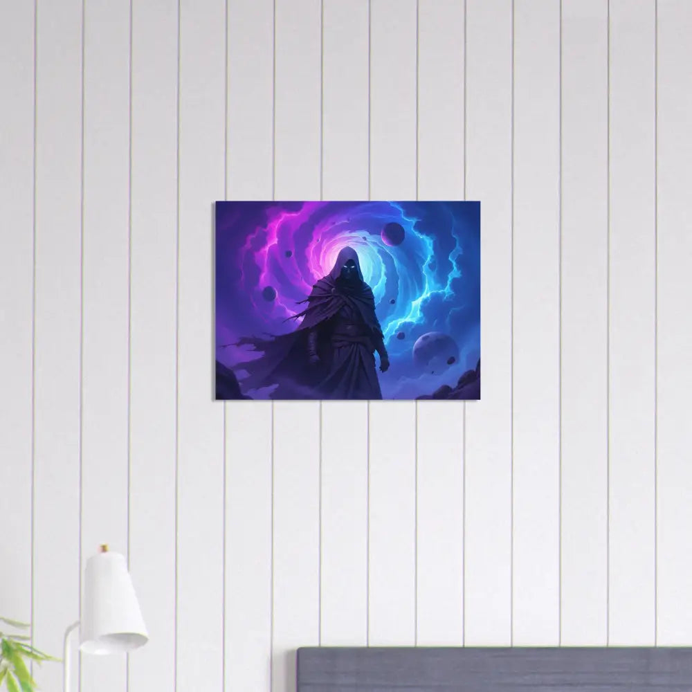 Framed fantasy art print featuring cloaked cosmic figure in aluminum material, Voidwalkers Gate
