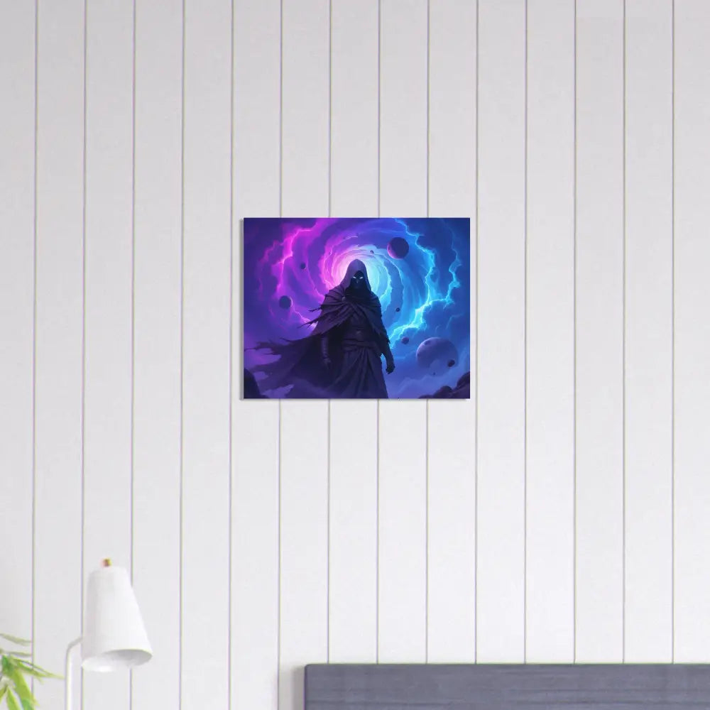 Fantasy hooded figure cosmic art printed on aluminum titled Voidwalkers Gate by PixiOnyx